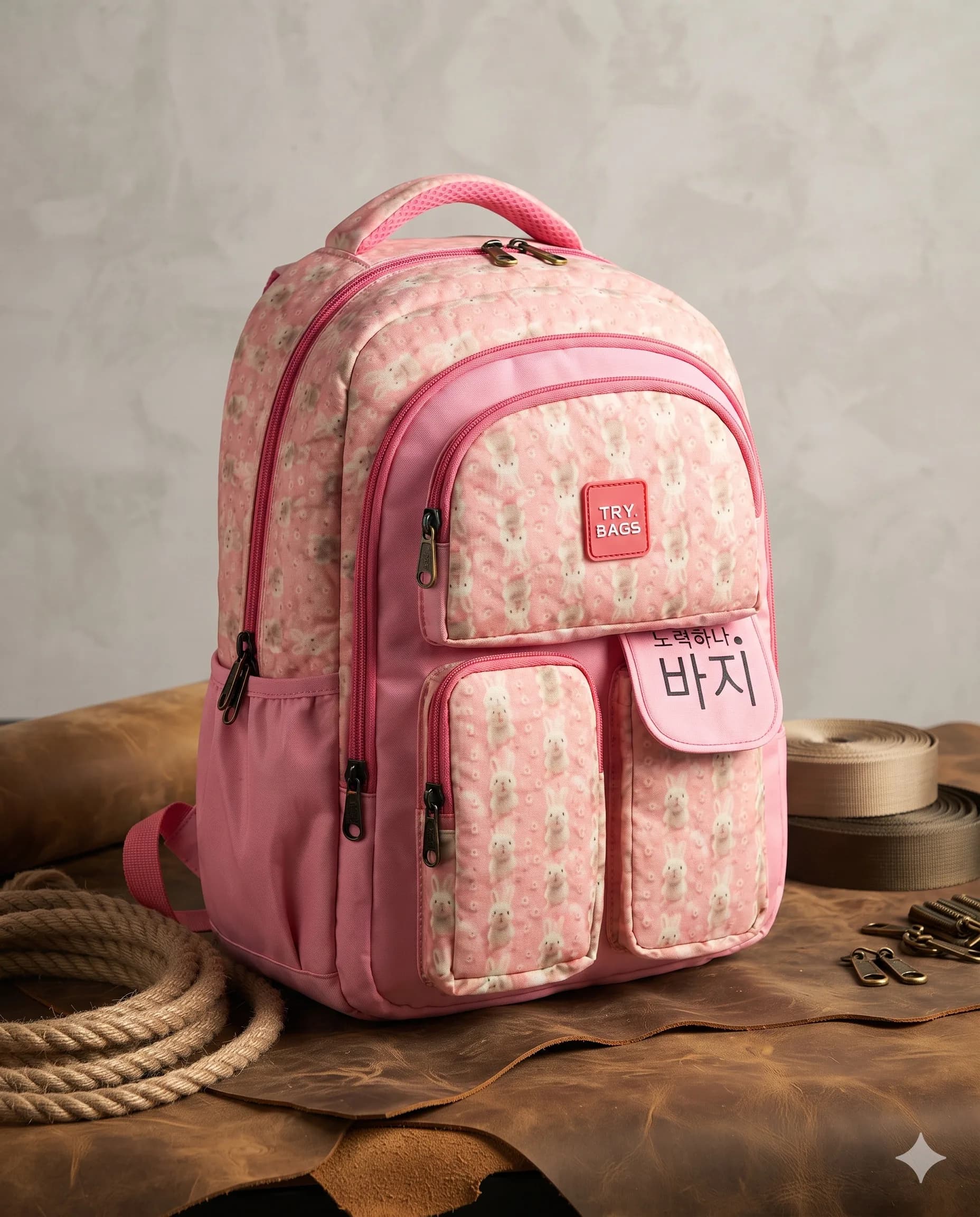 TRY BAGS Pink Bunny Printed Backpack for Kids