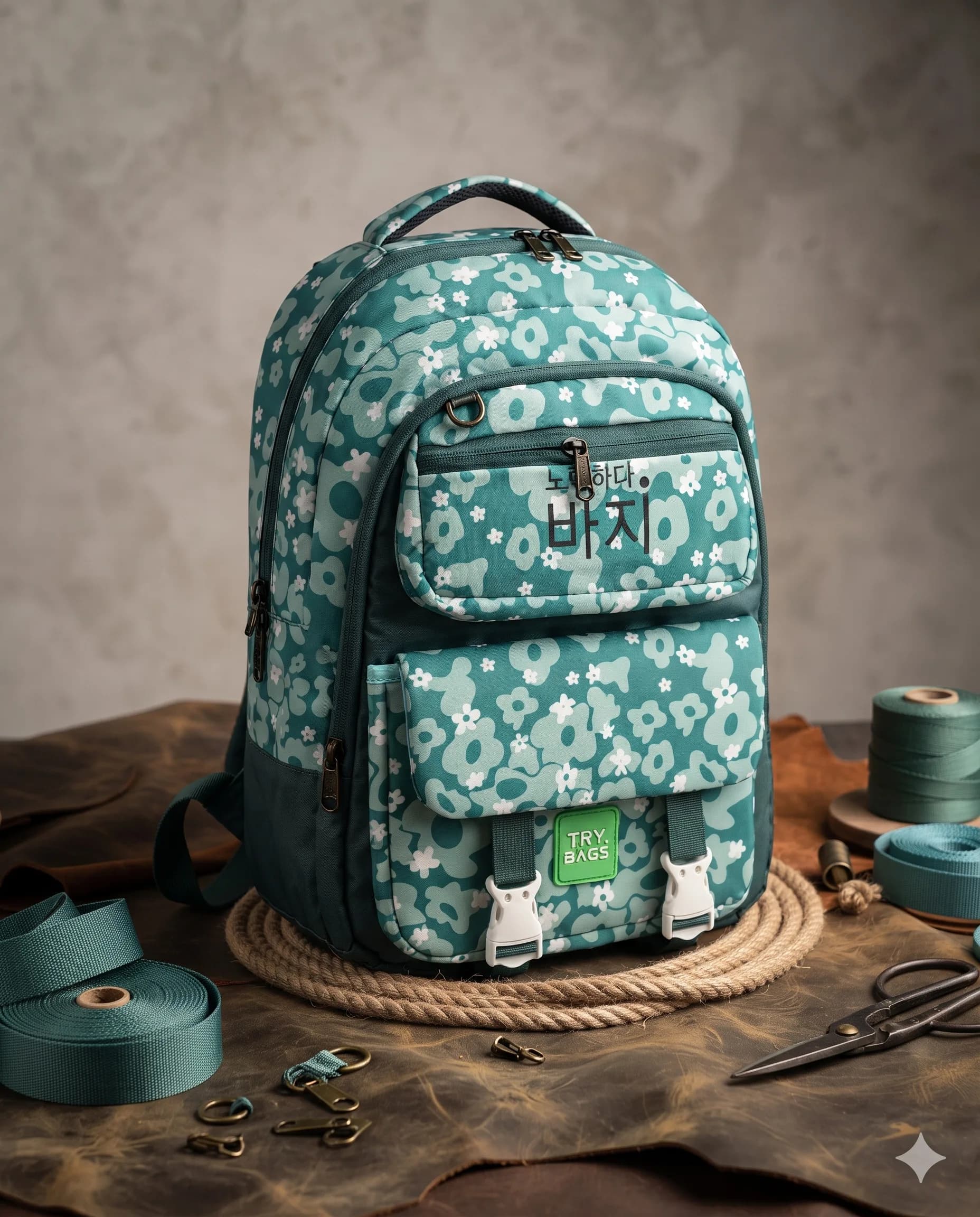TRY BAGS Teal Floral Printed Backpack with Front Pockets