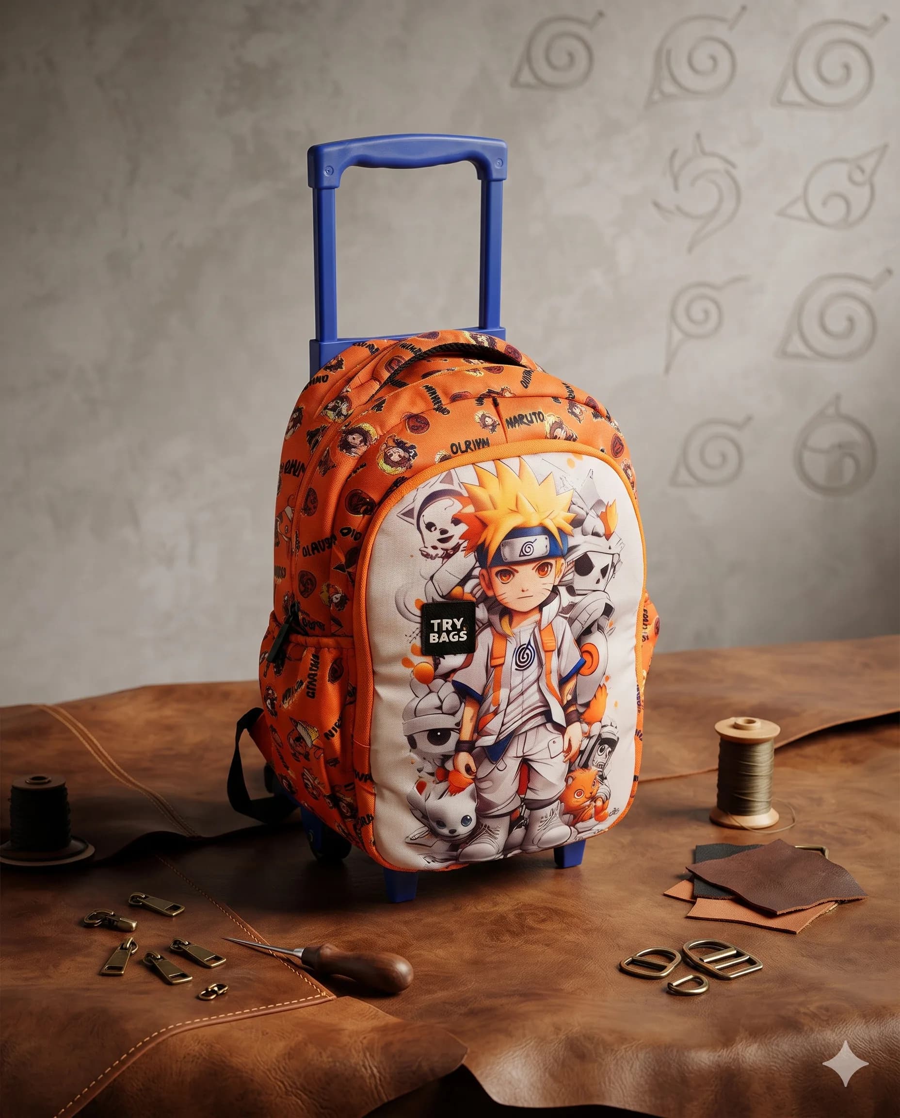 TRY BAGS Orange Kids Trolley Backpack with Anime Print