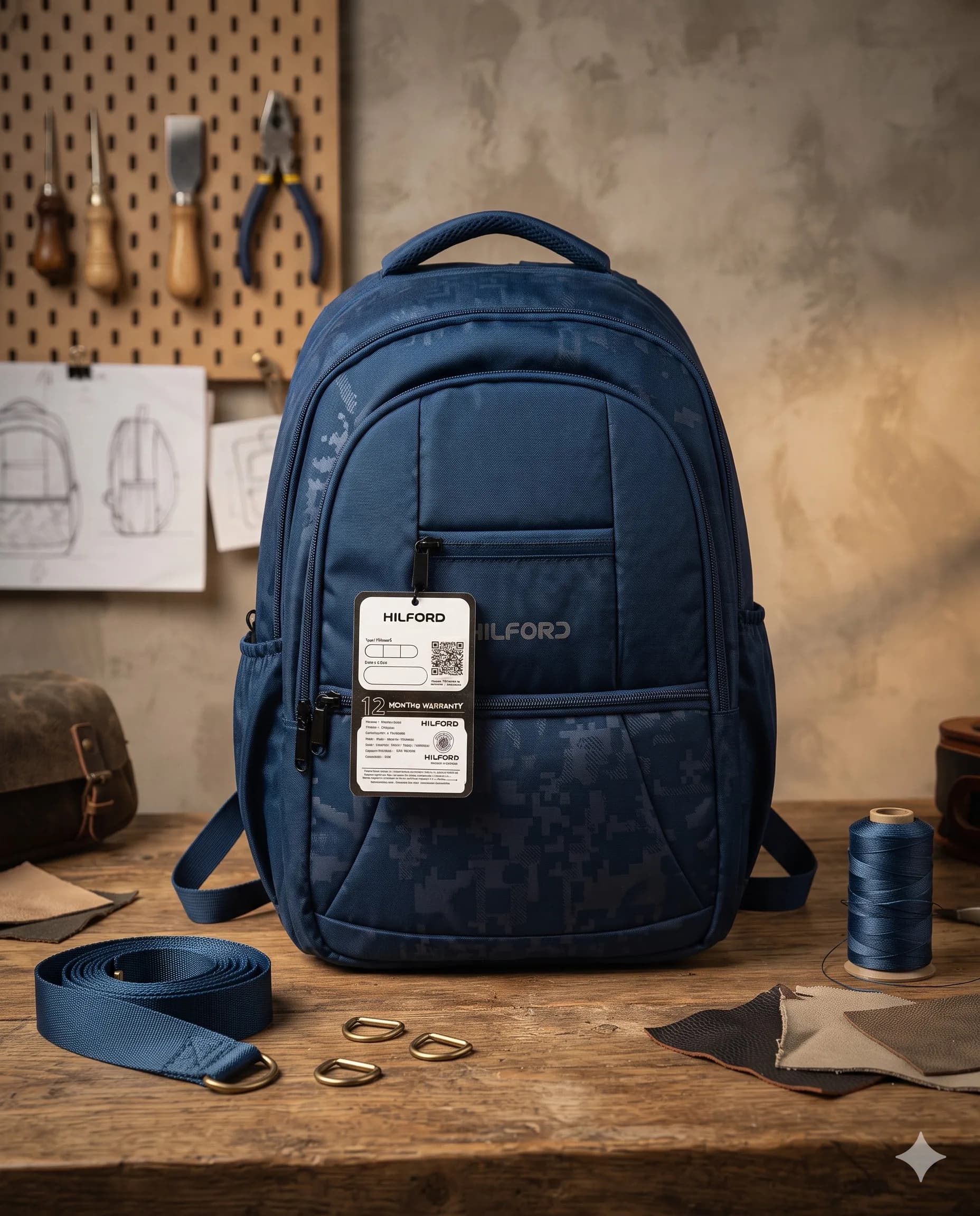 HILFORD Navy Blue Printed Backpack with Multiple Compartments