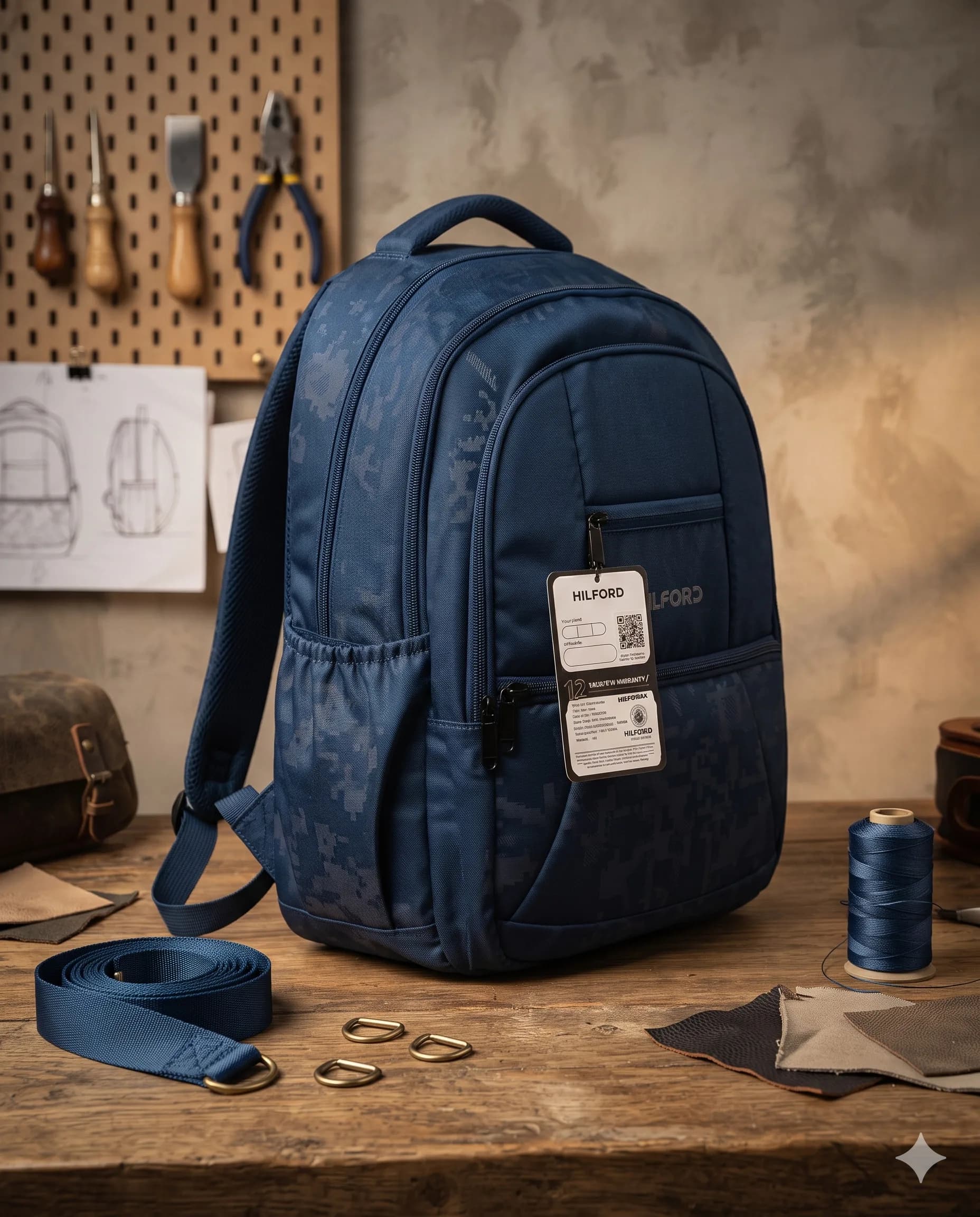 HILFORD Navy Blue Printed Backpack with Multiple Compartments