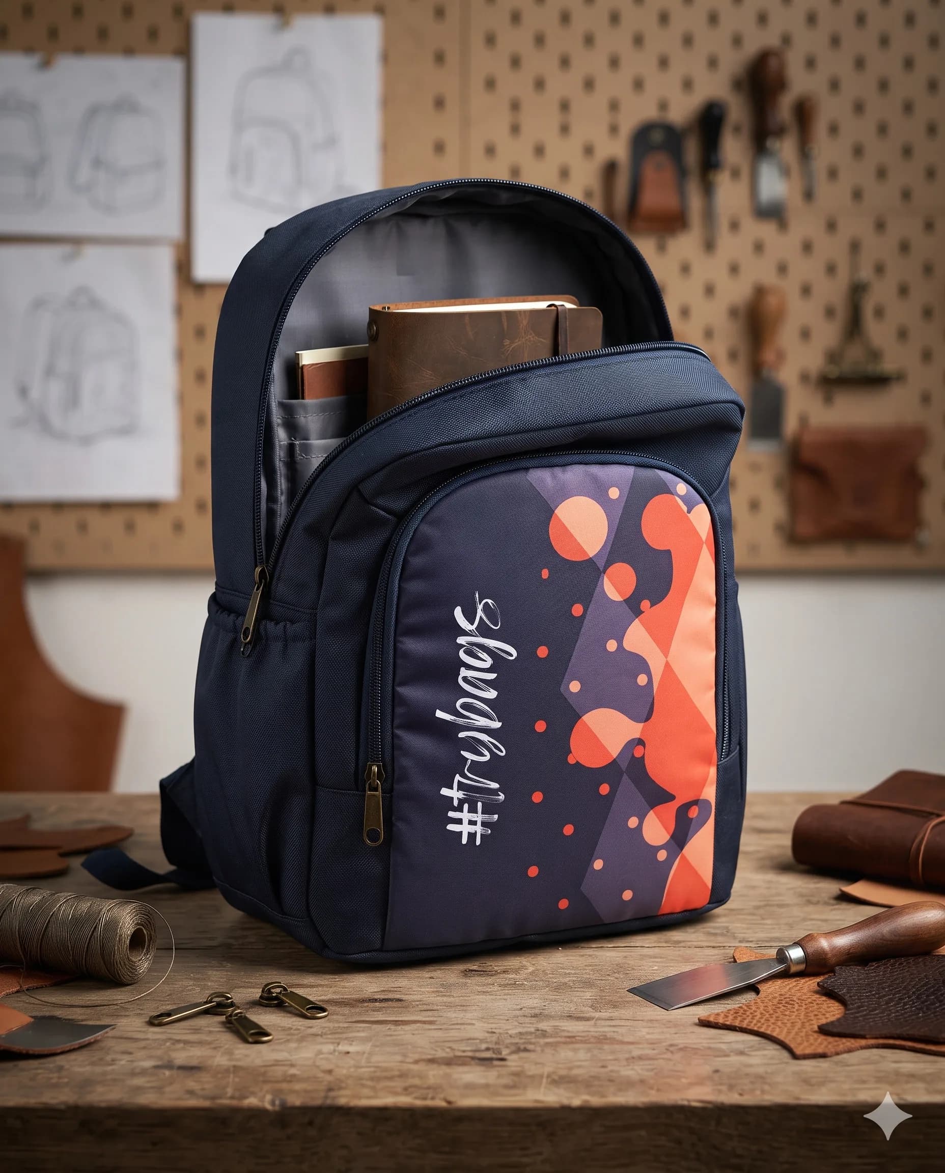 TRY BAGS Navy Blue Abstract Printed Backpack